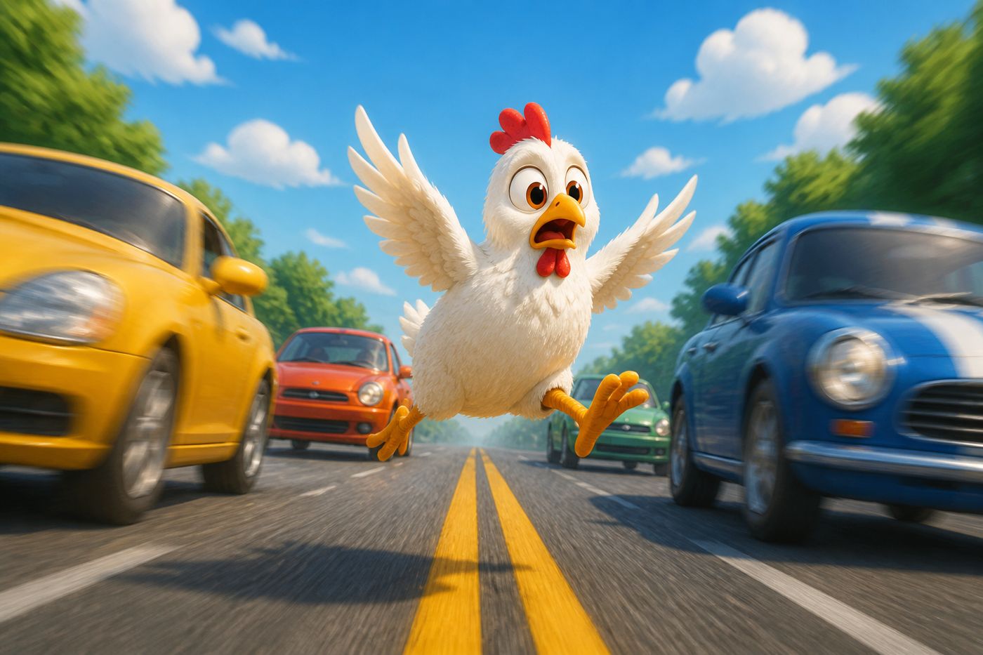 Chicken leaping forward as colorful cars rush past on the highway