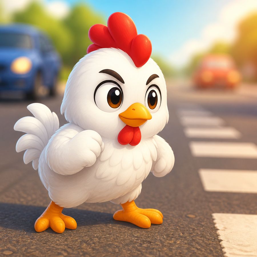 Chicken Road 2.0 mascot — a determined white cartoon chicken