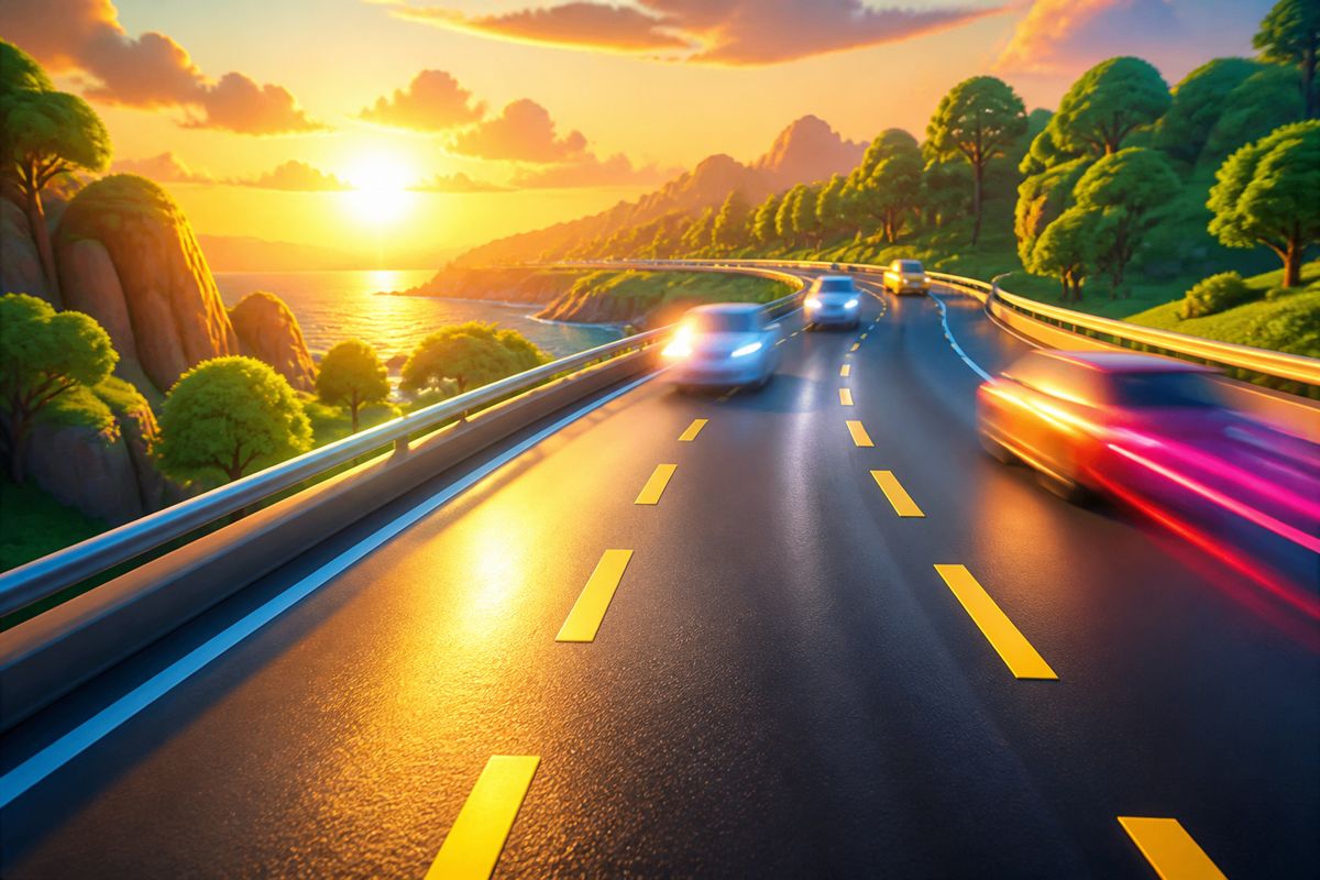 Golden-hour asphalt with glowing lane markings