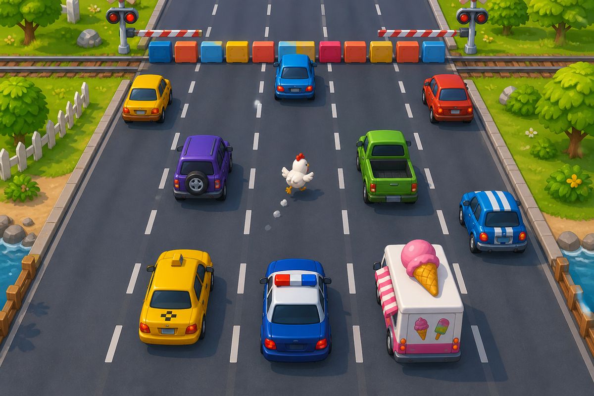 Top-down view of the chicken hopping across busy colorful highway lanes