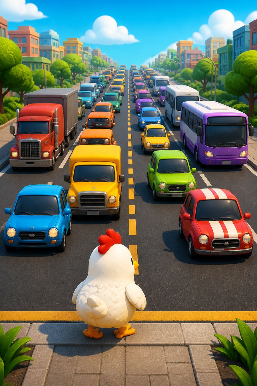 Chicken waiting at the curb with towering traffic ahead